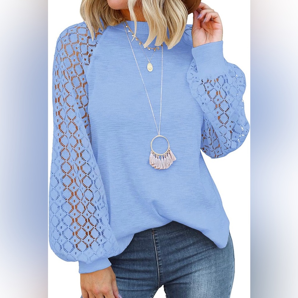MIHOLL Women’s Long Sleeve Tops, w/Lace Skeeves, Casual Loose Blouse - T Shirts